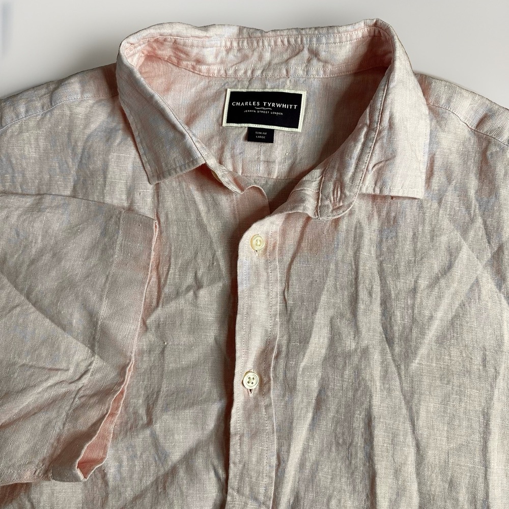 Charles Tyrwhitt Linen Shirt Mens Large Button Up Slim Fit Pink Short Sleeve